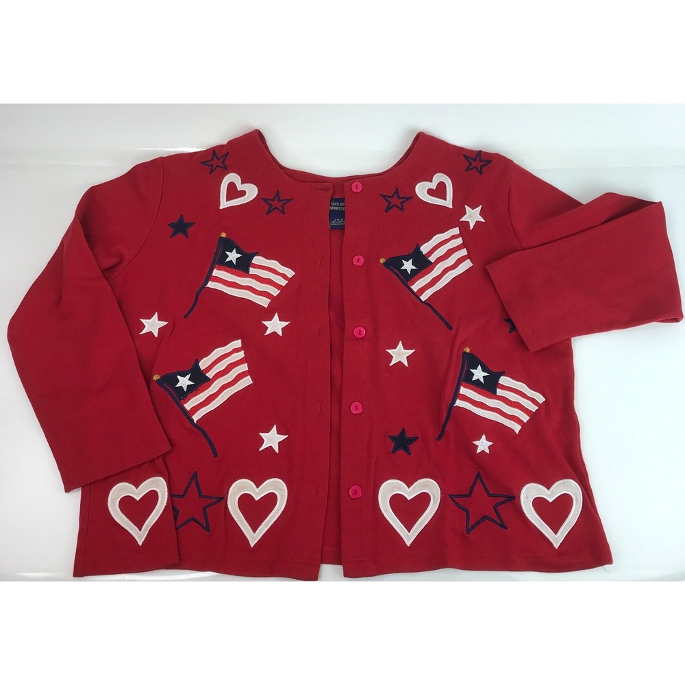 Natural Impressions American Flag Hearts LS Red Cardigan Sweater Women L 14 - 16